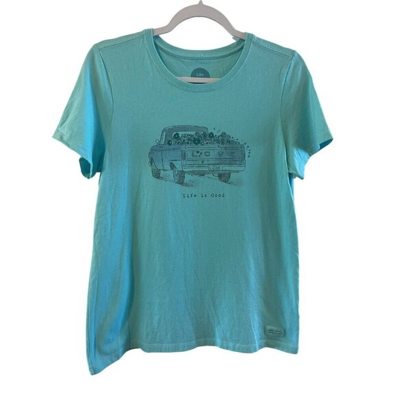 NWOT Life Is Good Womens Blue Vintage Pickup Truck Floral Graphic Tshirt M Tee - Picture 1 of 5